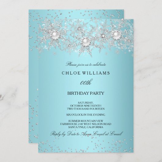 ティール(緑がかった色)ブルークリスタルパールスノーフレーク銀冬 招待状 (正面/裏面)