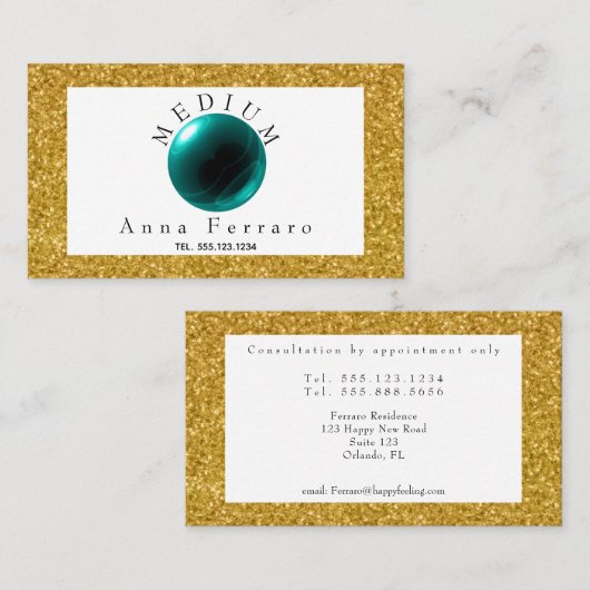 ティール(緑がかった色)ブルークリスタルボール&占い金ゴールド 名刺 (正面/裏面)
