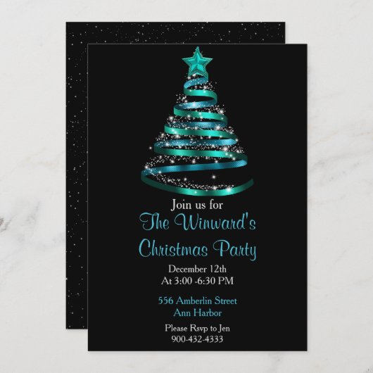 ティール（緑がかった色）ブルークリスマスツリー 招待状 (正面/裏面)