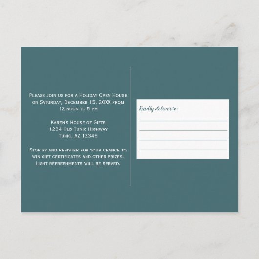 ティール（緑がかった色）ブルークリスマスホリデーオープンハウス ポストカード (裏面)
