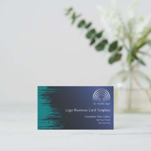 ティール(緑がかった色)ブルークレセントムーンロゴ 名刺 (スタンド正面)