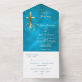 ティール（緑がかった色）ブルークロス写真テンプレートオールインワン結婚ズ オールインワン招待状 (内側)