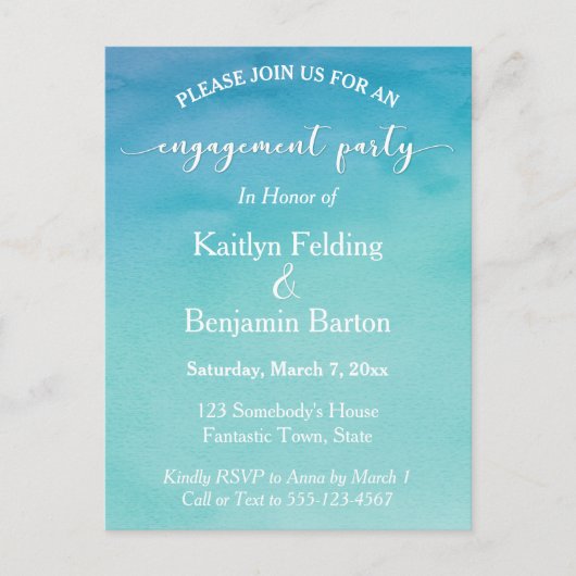 ティール(緑がかった色)&ブルーグラデーションウォーター婚約パーティ2 インビテーションポストカード (正面)