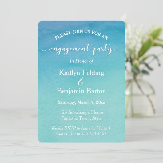 ティール(緑がかった色)&ブルーグラデーションウォーター婚約パーティ 招待状 (スタンド正面)