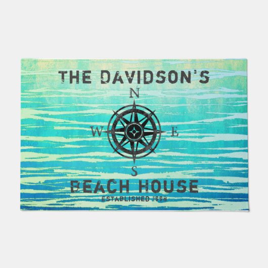 ティール（緑がかった色）ブルーグラデーションシーモノグラムの ドアマット (正面)