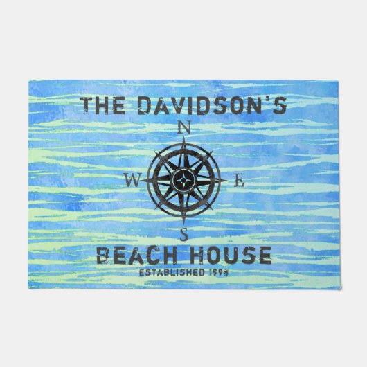 ティール(緑がかった色)ブルーグラデーションシーモノグラムの ドアマット (正面)