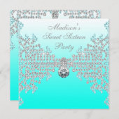 ティール(緑がかった色)ブルーグラデーションスウィート16パーティー 招待状 (正面/裏面)