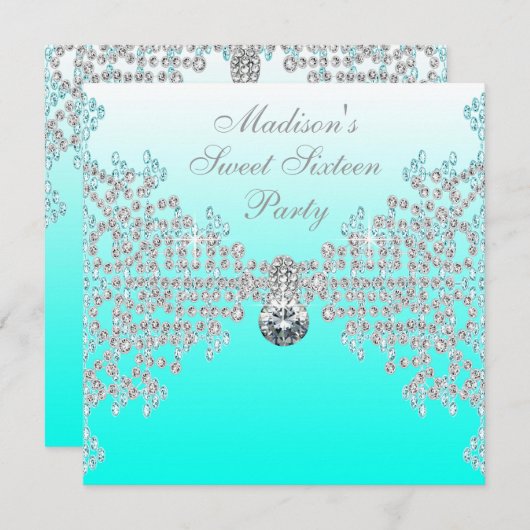 ティール（緑がかった色）ブルーグラデーションスウィート16パーティー 招待状 (正面/裏面)