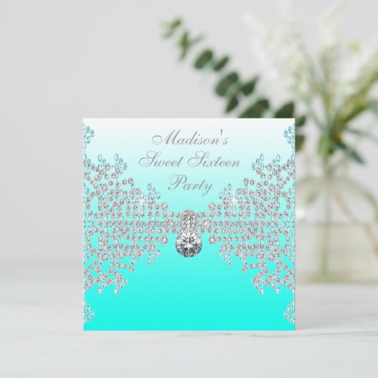 ティール(緑がかった色)ブルーグラデーションスウィート16パーティー 招待状 (スタンド正面)