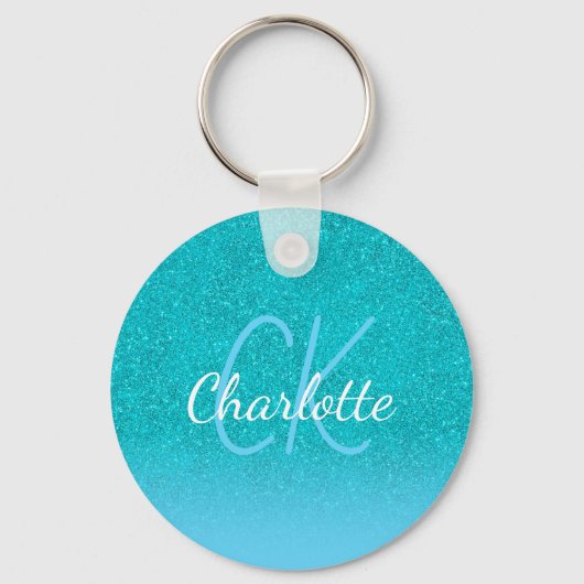 ティール(緑がかった色)ブルーグリッターアクアグリーンモノグラムイニシャル キーホルダー (正面)