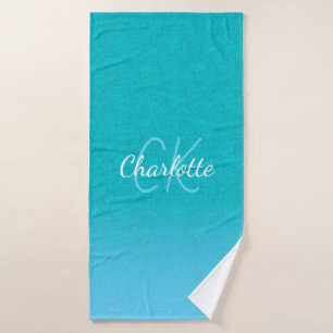 ティール（緑がかった色）ブルーグリッターアクアシーグリーンモノグラムイニシャル バスタオル
