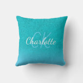 ティール(緑がかった色)ブルーグリッターアクアシーグリーンモノグラム クッション (裏面)