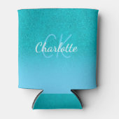 ティール（緑がかった色）ブルーグリッターアクアシーグリーンモノグラム 缶クーラー (正面)