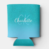 ティール（緑がかった色）ブルーグリッターアクアシーグリーンモノグラム 缶クーラー (裏面)