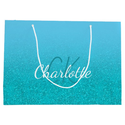 ティール（緑がかった色）ブルーグリッターアクアモノグラムの名前の誕生日 ラージペーパーバッグ (裏面)