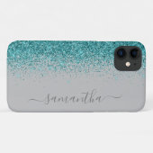 ティール(緑がかった色)ブルーグリッターグラデーション手書き名前をカスタムする Case-Mate iPhoneケース (裏面(横))