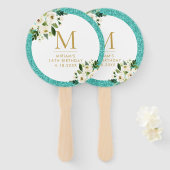 ティール(緑がかった色)ブルーグリッターグレイフローラモノグラム ハンドファン (正面&裏面)