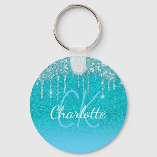 ティール(緑がかった色)ブルーグリッタードリップアクアグリーンモノグラム キーホルダー (正面)