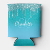 ティール（緑がかった色）ブルーグリッタードリップアクアシーグリーンモノグラム 缶クーラー (正面)