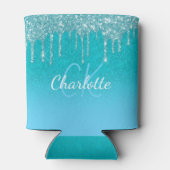 ティール（緑がかった色）ブルーグリッタードリップアクアシーグリーンモノグラム 缶クーラー (裏面)