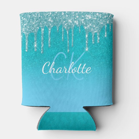 ティール（緑がかった色）ブルーグリッタードリップアクアシーグリーンモノグラム 缶クーラー (裏面)