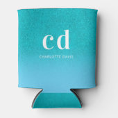 ティール（緑がかった色）ブルーグリッタードリップアクアシーグリーンモノグラム 缶クーラー (正面)