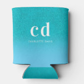 ティール（緑がかった色）ブルーグリッタードリップアクアシーグリーンモノグラム 缶クーラー (裏面)