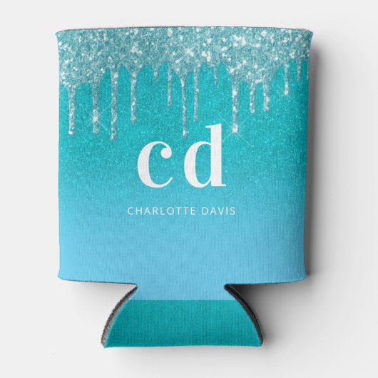 ティール（緑がかった色）ブルーグリッタードリップアクアシーグリーンモノグラム 缶クーラー (正面)