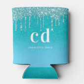 ティール（緑がかった色）ブルーグリッタードリップアクアシーグリーンモノグラム 缶クーラー (裏面)