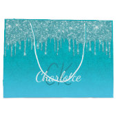 ティール（緑がかった色）ブルーグリッタードリップモノグラムsparkleスクリプト ラージペーパーバッグ (裏面)