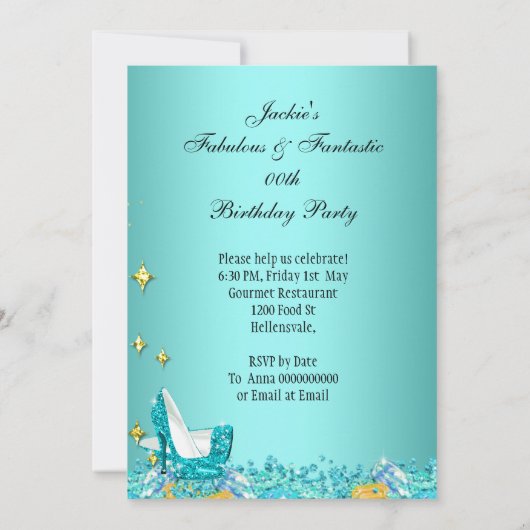 ティール（緑がかった色）ブルーグリッターハイヒール素晴らしいパーティー 招待状 (裏面)