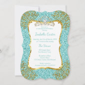 ティール（緑がかった色）ブルーグリッターバースデーパーティー金ゴールドホワイトティアラ 招待状 (正面)