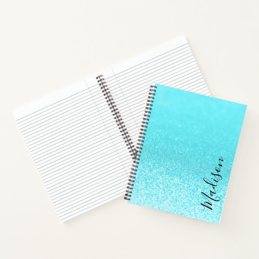 ティール(緑がかった色)ブルーグリッターパーソナライズされた灯 ノートブック (内部)