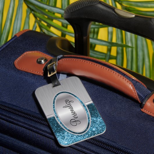 ティール(緑がかった色)ブルーグリッター及びブラシ鋼 ラゲッジタグ (正面インサイチュ1)