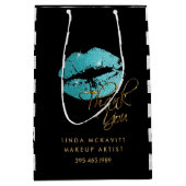 ティール（緑がかった色）ブルーグリッター唇と白ストライプい – ありがとう ミディアムペーパーバッグ (正面)