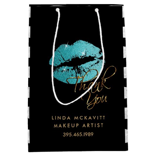 ティール（緑がかった色）ブルーグリッター唇と白ストライプい – ありがとう ミディアムペーパーバッグ (正面)