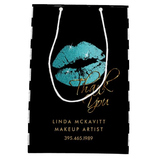 ティール（緑がかった色）ブルーグリッター唇と白ストライプい – ありがとう ミディアムペーパーバッグ (裏面)