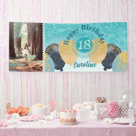 ティール（緑がかった色）ブルーグリッター18誕生日&バルーン 横断幕 (パーティー)