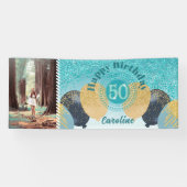 ティール（緑がかった色）ブルーグリッター50誕生日&バルーン 横断幕 (横)