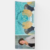 ティール（緑がかった色）ブルーグリッター90誕生日&バルーン 横断幕 (縦)