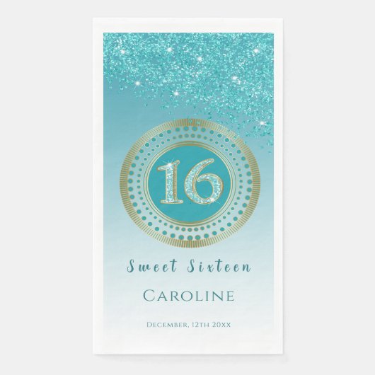 ティール（緑がかった色）ブルーグリッター&金ゴールドスウィート16 モノグラムの (正面)