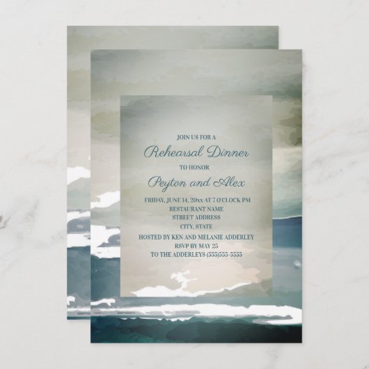 ティール（緑がかった色）ブルーグリーンウォーターカラーリハーサルディナー 招待状 (正面/裏面)