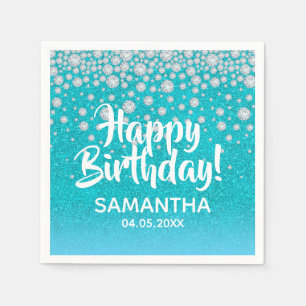 ティール（緑がかった色）ブルーグリーングリッターダイヤモンドハッピーバースデー スタンダードカクテルナプキン