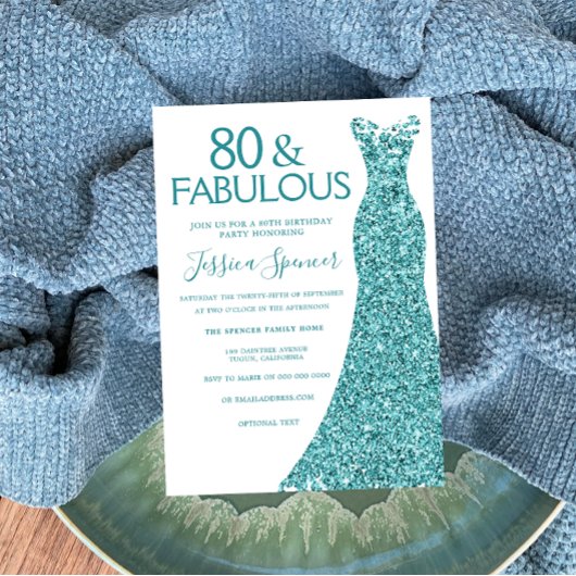 ティール（緑がかった色）ブルーグリーングリッタードレス80thバースデーパーティー 招待状