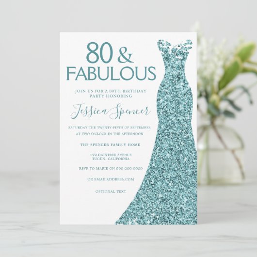ティール(緑がかった色)ブルーグリーングリッタードレス80thバースデーパーティー 招待状 (スタンド正面)