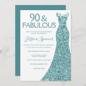 ティール(緑がかった色)ブルーグリーングリッタードレス90thバースデーパーティー 招待状 (正面/裏面)