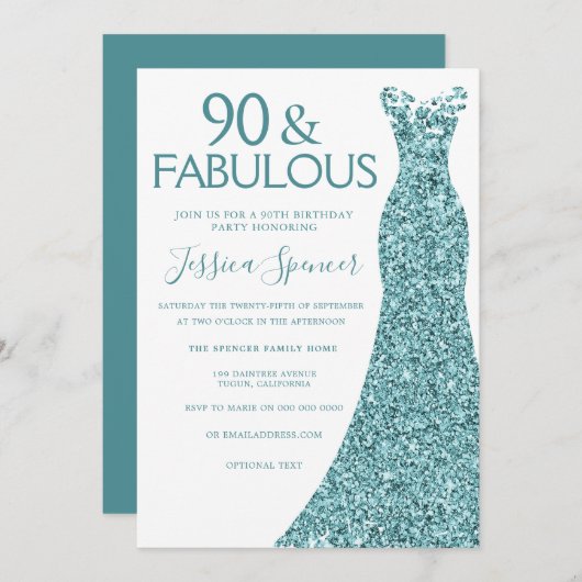 ティール(緑がかった色)ブルーグリーングリッタードレス90thバースデーパーティー 招待状 (正面/裏面)