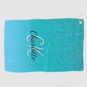 ティール（緑がかった色）ブルーグリーングリッターモノグラム名 ゴルフタオル (横)