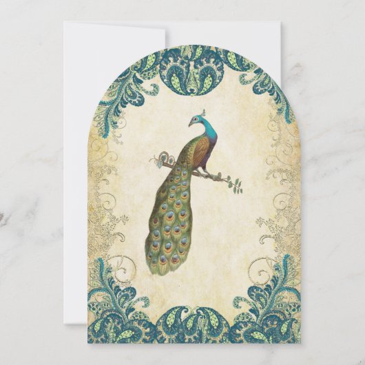 ティール(緑がかった色)ブルーグリーンゴールデンライムピーコック結婚ズ 招待状 (裏面)