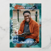 ティール（緑がかった色）ブルーグリーンゴールドフォイル卒業発表 箔招待状 (正面)